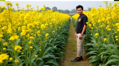 Yellow Flower Cluster With Person From Low Angle