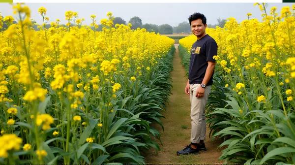 Yellow Flower Cluster With Person From Low Angle