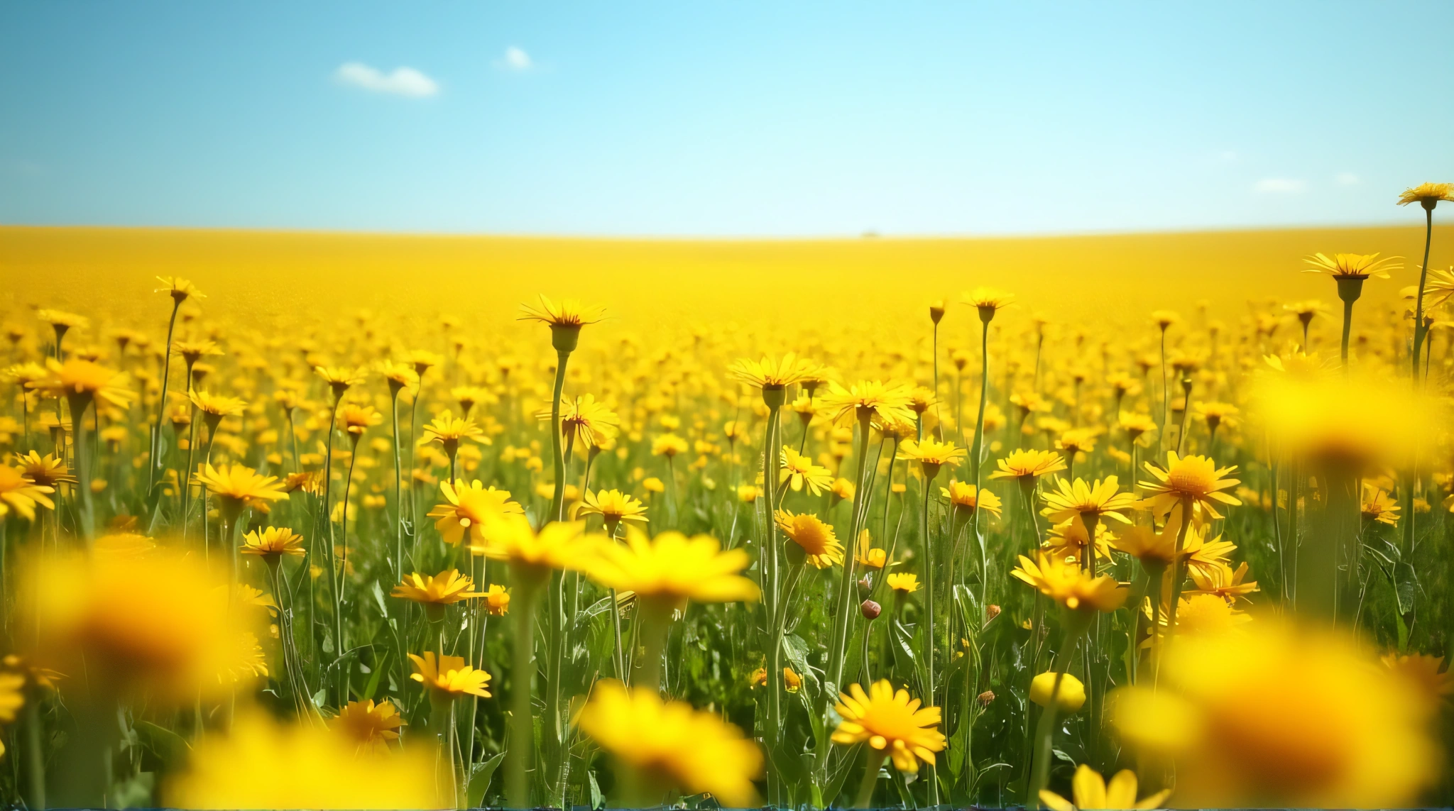 Yellow Flower Meadow Under Clear Blue Sky