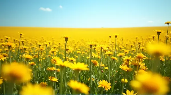 A low-angle view of a dense field of yellow flowers beneath a clear blue sky.