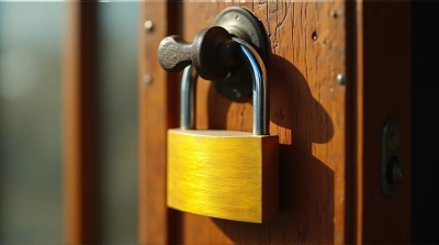 Yellow Lock Hanging On Rustic Wooden Door