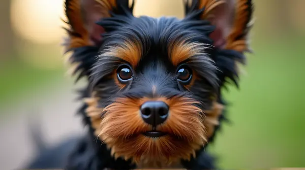 Close-up portrait of a black and brown Yorkshire Terrier with glossy fur and bright eyes against a natural background