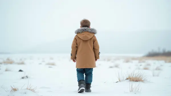 Young boy in a tan coat stands on an icy landscape with frost-covered grass under a pale sky.