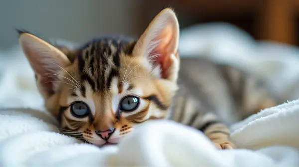 Close-up of a young cat lying on soft white fabric with gentle lighting emphasizing its calm face and fur patterns