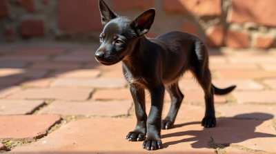 Young Dog Resting On Red Stone Surface In Sunlight