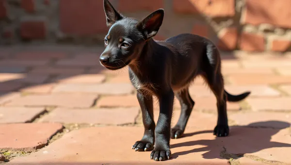 Young Dog Resting On Red Stone Surface In Sunlight