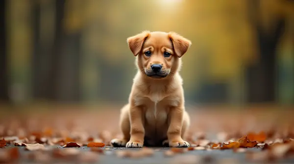 Young chestnut-colored dog sitting calmly in a natural outdoor setting with blurred background.