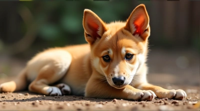 Young Tan Dog Relaxing On Soft Soil In Sunlight