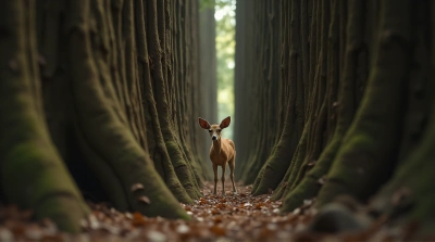 Young Woman Among Tall Tree Trunks Low Angle