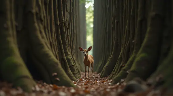 Young woman centered among towering tree trunks captured from a low angle with scattered leaves below