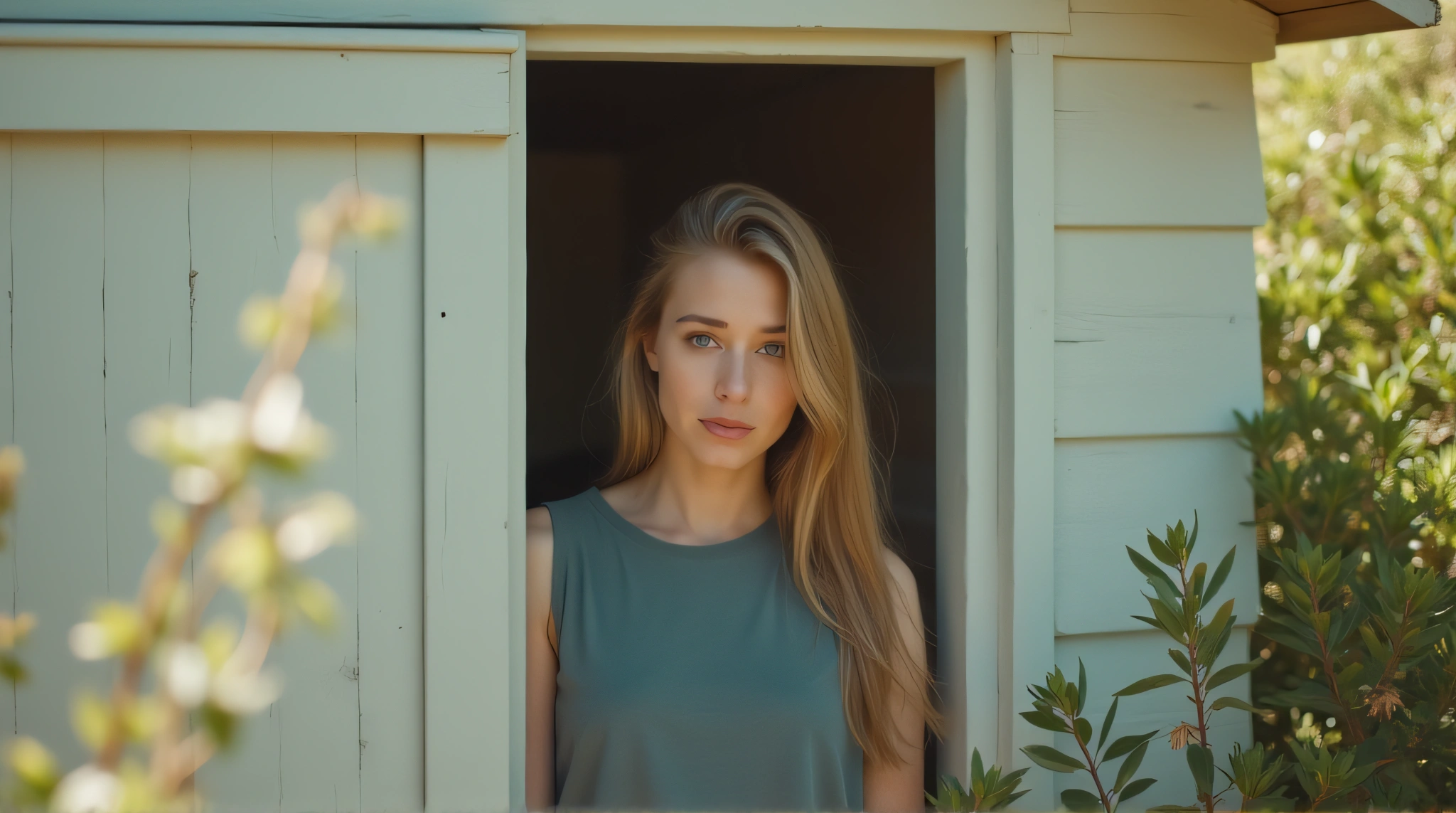 Young Woman Behind Wooden Outbuilding With Foliage