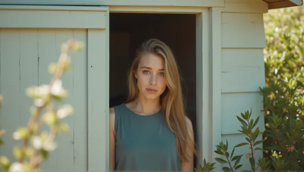 Young Woman Behind Wooden Outbuilding With Foliage