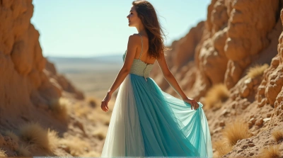 Young Woman In Cerulean Ivory Gown Touching Earth Formations