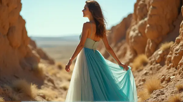 Young woman in a cerulean and ivory gown grasping rugged earth formations under soft sunlight near the horizon.