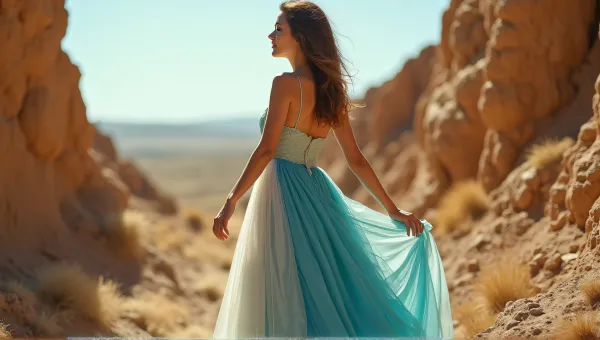 Young Woman In Cerulean Ivory Gown Touching Earth Formations