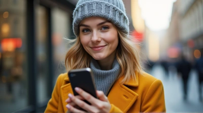Young Woman Wearing Woolen Beanie And Bright Coat