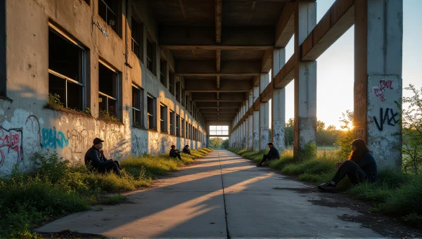 Abandoned Industrial Building With People At Dusk