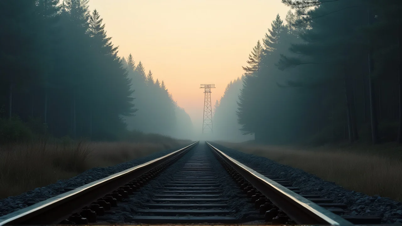 Low-angle view of abandoned railroad tracks in a foggy pine forest at dawn, leading towards a distant signal tower.