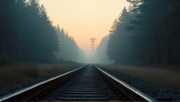 Abandoned Railroad Tracks Foggy Pine Forest Dawn