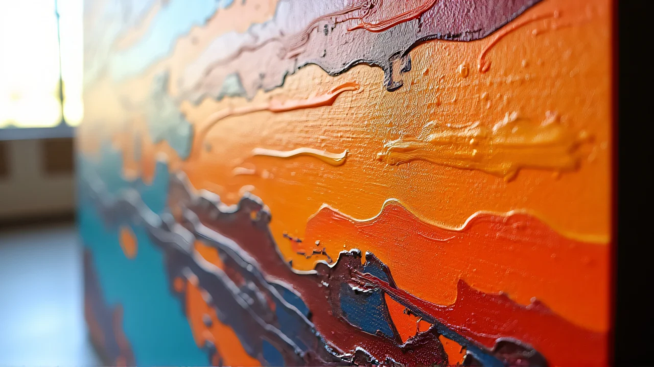 Close-up of an abstract acrylic painting showcasing bold colors and intricate textures.