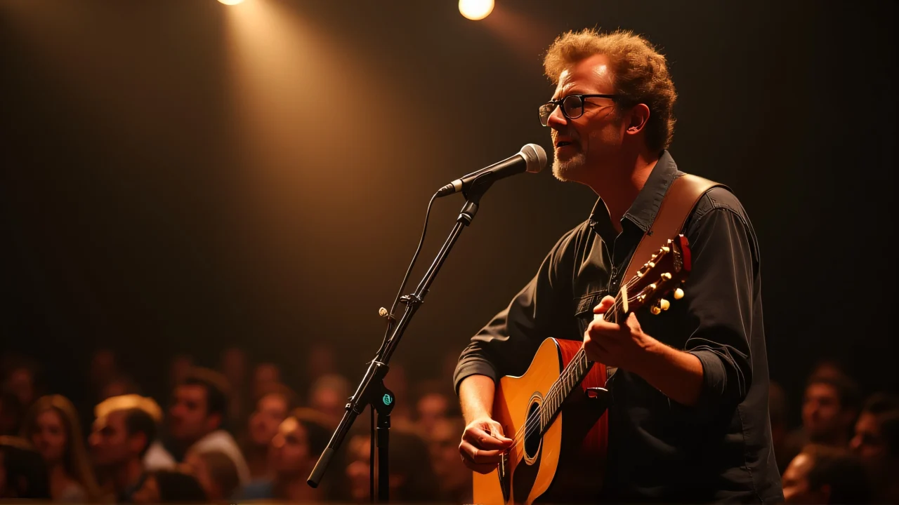A man plays acoustic guitar and sings into a vintage microphone under warm lighting.