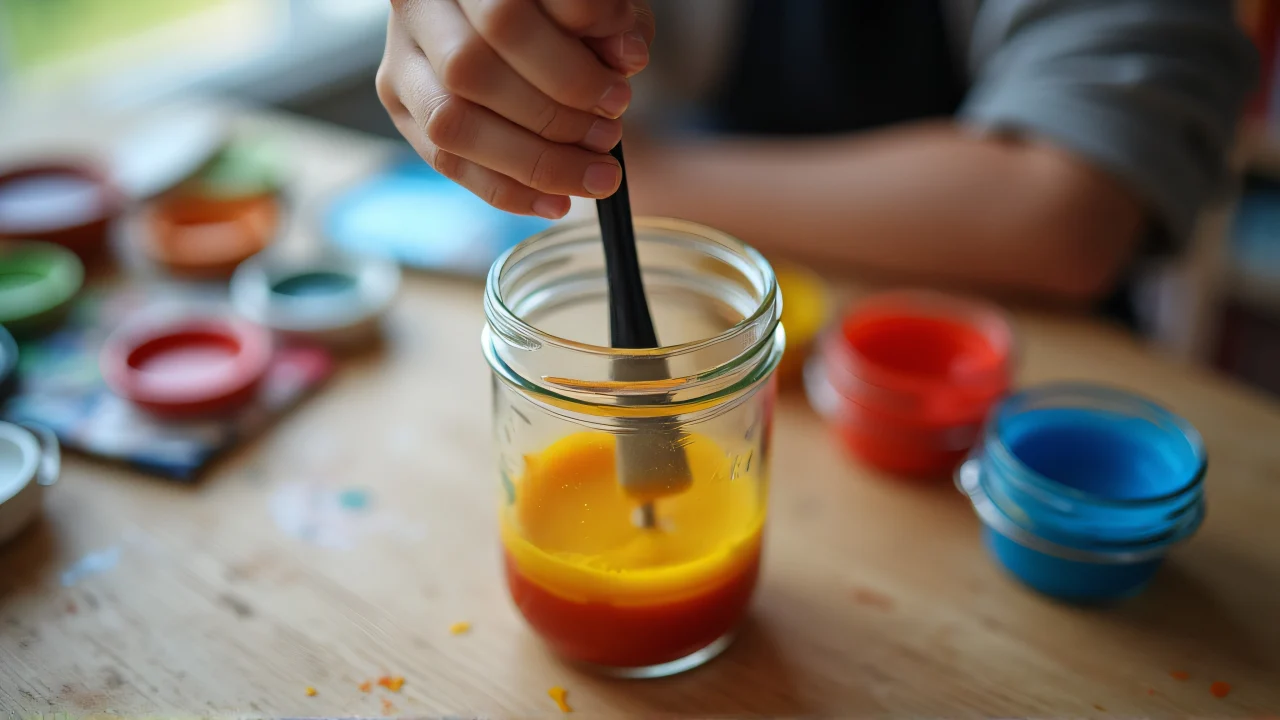 Close-up of a person mixing acrylic paints in a mason jar on a wooden table.
