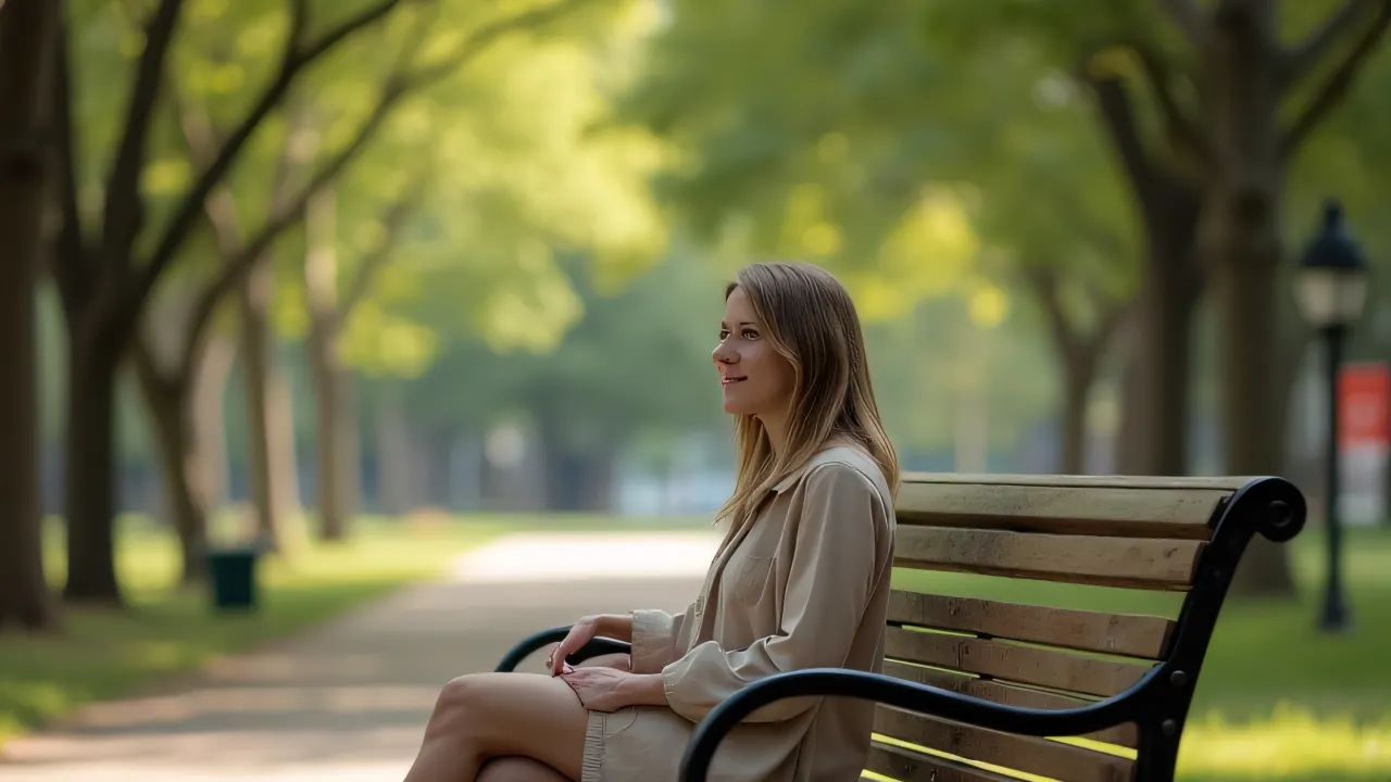 A seated adult figure on a wooden bench in a tranquil park setting with trees and pathways.