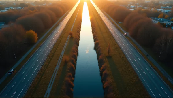 Aerial Canal View With Parallel Roads And Shadows