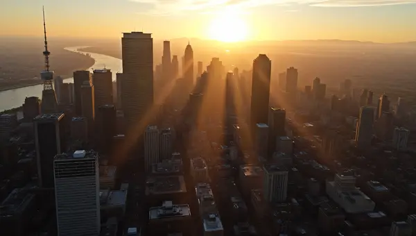 Aerial Cityscape At Golden Hour With River Reflection