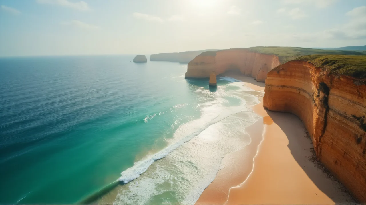 High-angle view of cliffs meeting sandy shore in soft morning light.