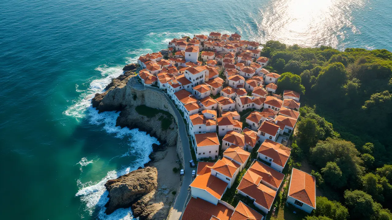 Aerial view of clustered coastal buildings along a jagged shoreline with sunlight reflecting off the ocean.