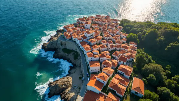 Aerial Coastal View Of Clustered Buildings And Shoreline
