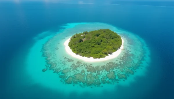Aerial Island View Over Turquoise Sea with Reefs