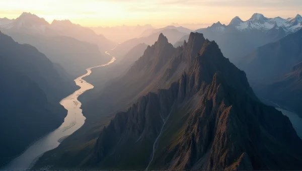 Aerial Mountain Range View With River And Clouds