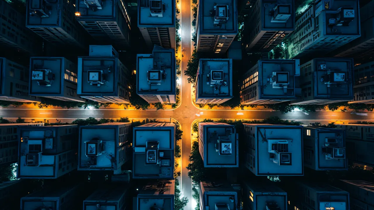 Aerial view of urban buildings at night with illuminated windows and light trails.