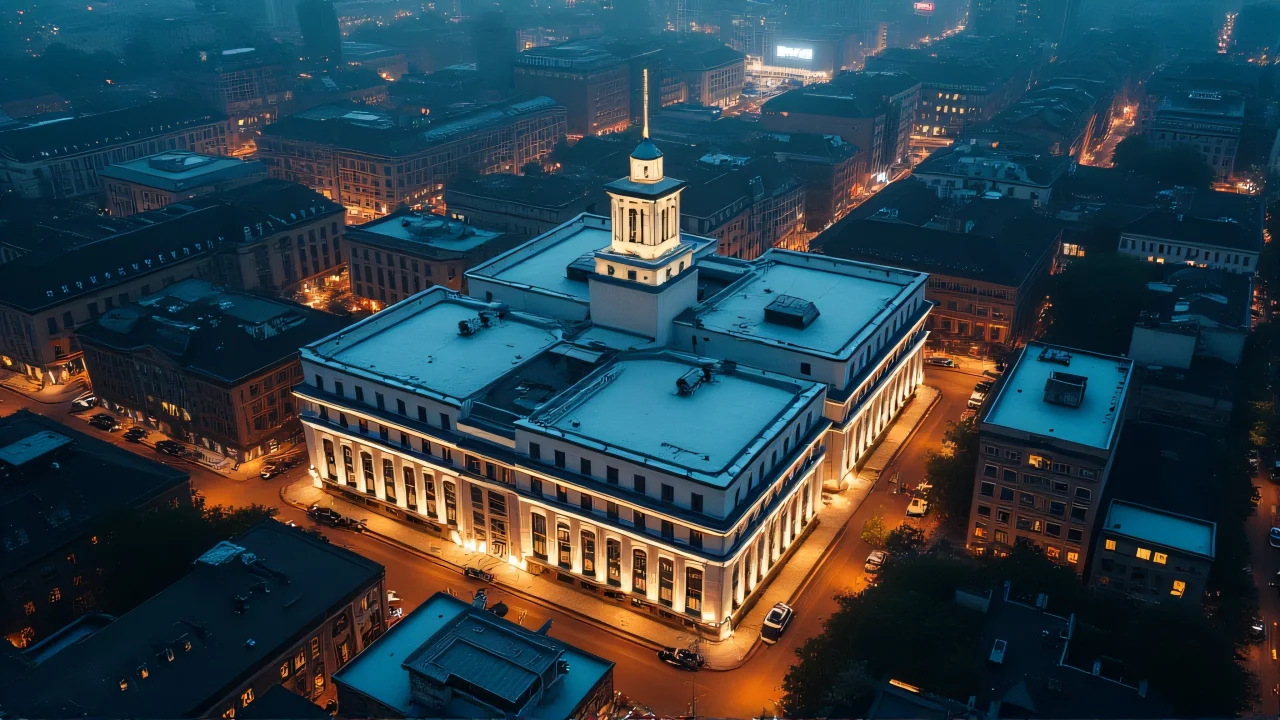 Aerial night view showcasing a concrete building with city lights and reflections.