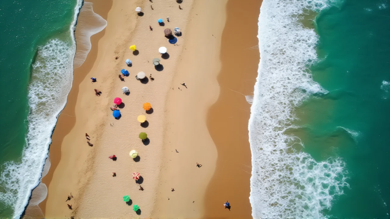 Aerial view of a sandy beach with sunbathers and umbrellas along the shoreline.