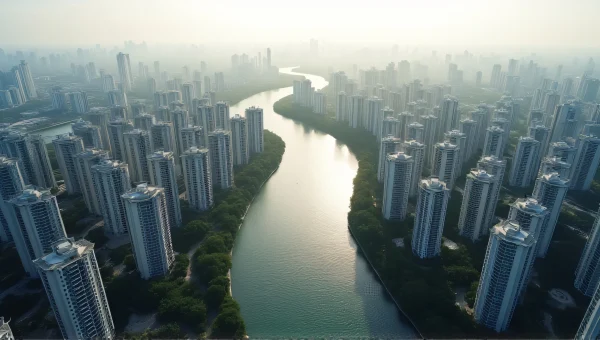 Aerial Urban Buildings Along Winding Waterway