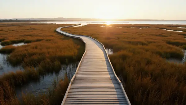 Aerial View Boardwalk Marsh Grasses Shoreline