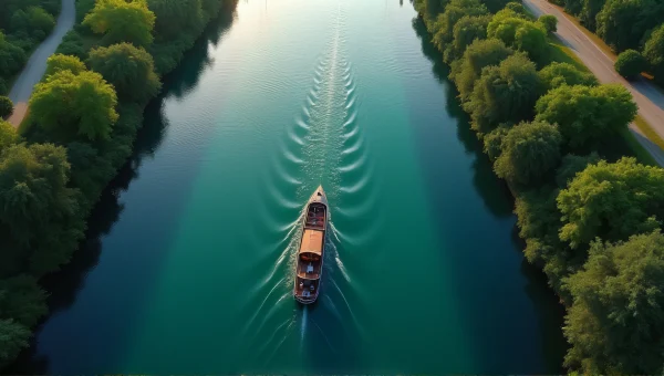 Aerial View Boat Drifting River Soft Light