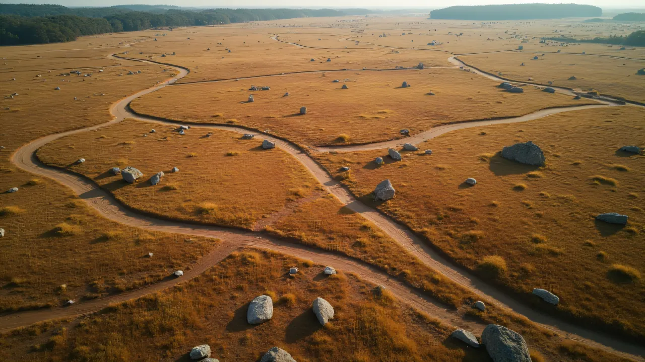 Aerial view capturing a brown field with patchy vegetation and winding dirt tracks under soft light.