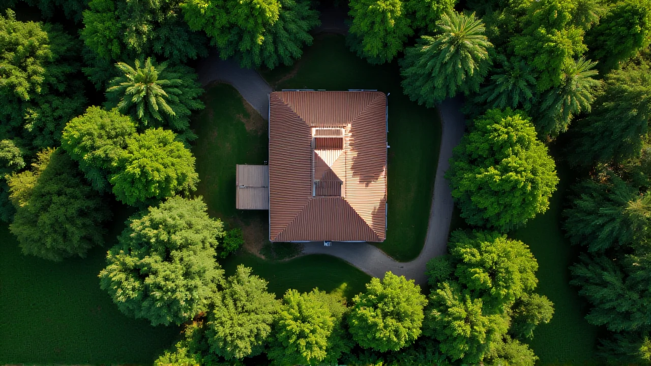 Top-down view of a brown house enveloped by lush green trees.