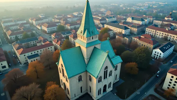 Aerial View Cathedral Teal Beige City Grid