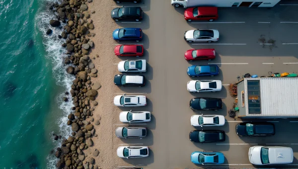 Aerial View Coastal Parking Lot with Cars