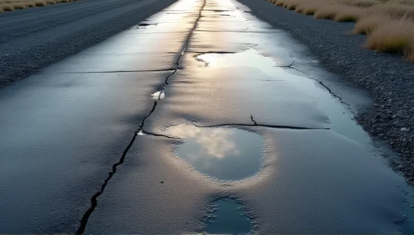 Aerial View of Cracked Gray Pavement with Puddle
