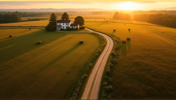 Aerial View Farmland Patchwork Golden Hour