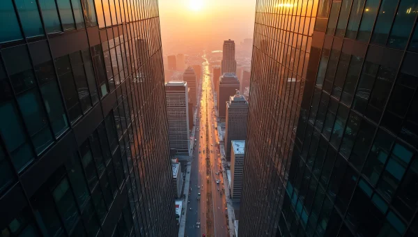 Aerial View Glass Skyscraper Golden Hour Reflection