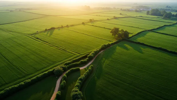 Aerial View Green Field Patchwork With Hedgerows
