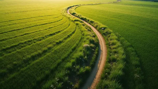 Aerial View Green Grass Field With Path And Flowers