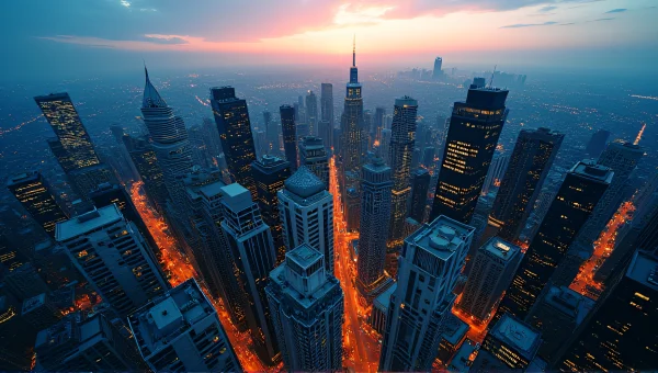 Aerial View Highrise Buildings Dusk City Lights